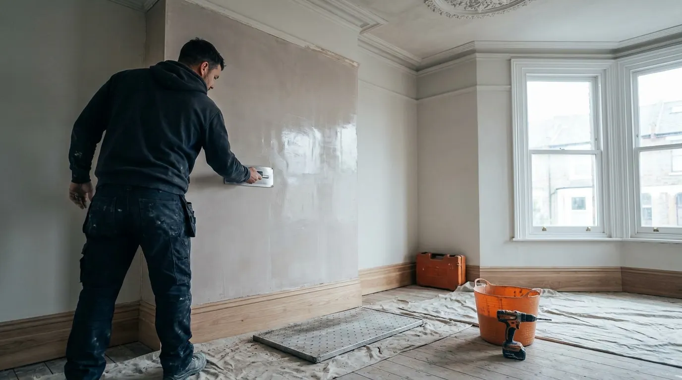 A plasterer skimming a wall in the front room of a Victorian Brighton terrace