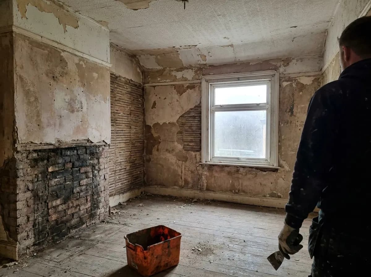 A period bedroom before plastering, with blown plaster, exposed laths and damp staining